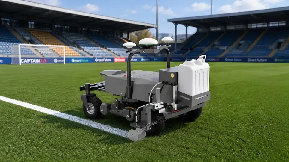 Rough Ranger traçant une ligne blanche sur un terrain de football