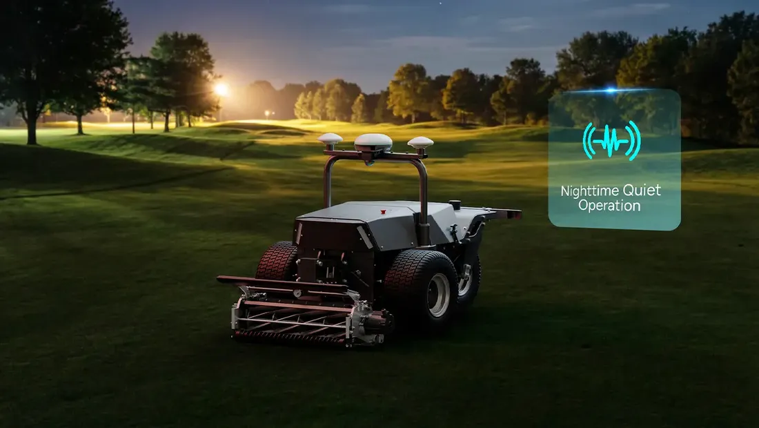 Tondeuse robot RCM01 sur un golf à la tombée de la nuit