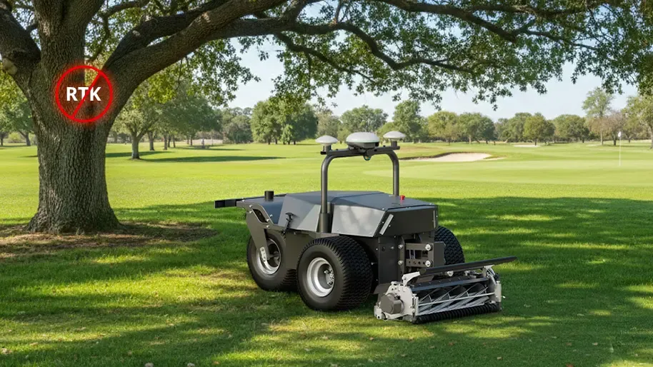 Tondeuse robot RCM01 sous un arbre